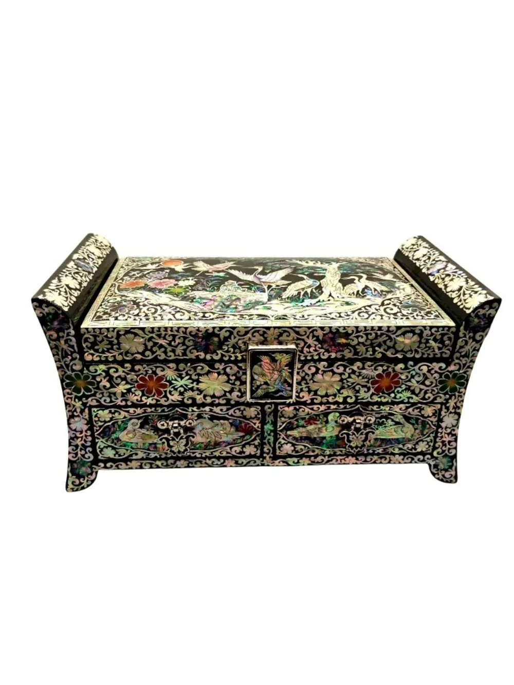 Elegant Mother-Of-Pearl Inlay Asian Jewelry Box Lacquered W Crane & Floral NWOB